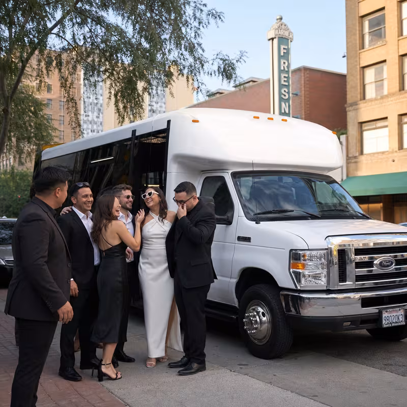 Black Mercedes Sprinter van staged for an Fresno Bachelor & Bachelorette Transportation group