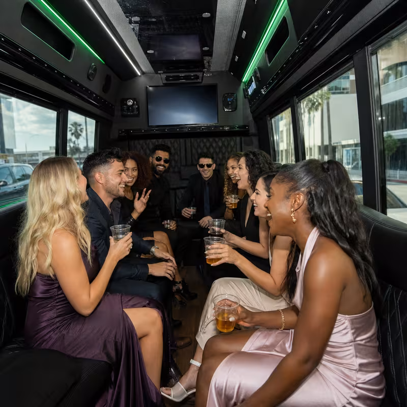 Party bus interior with wraparound leather seating and LED lighting in Fresno