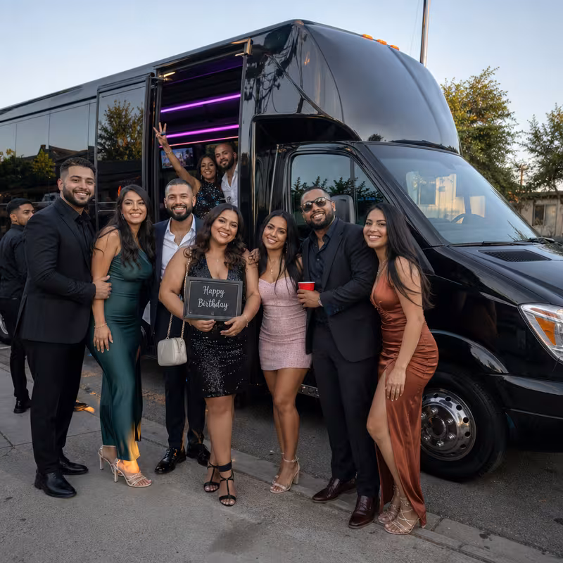 Party bus interior with wraparound leather seating and LED lighting in Fresno