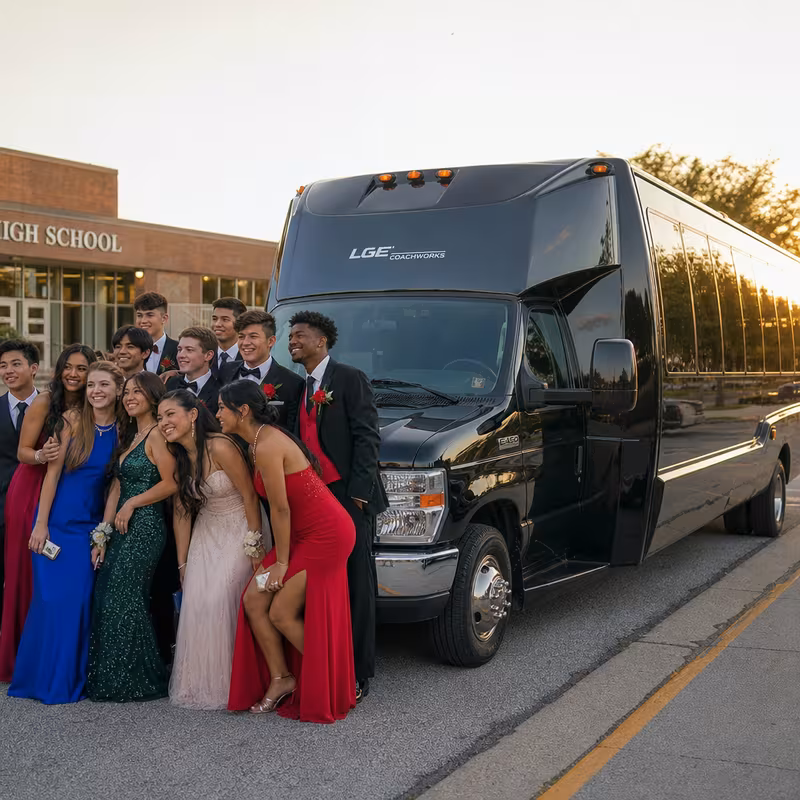 Group boarding a white charter bus for Prom & Homecoming Transportation transportation in Fresno
