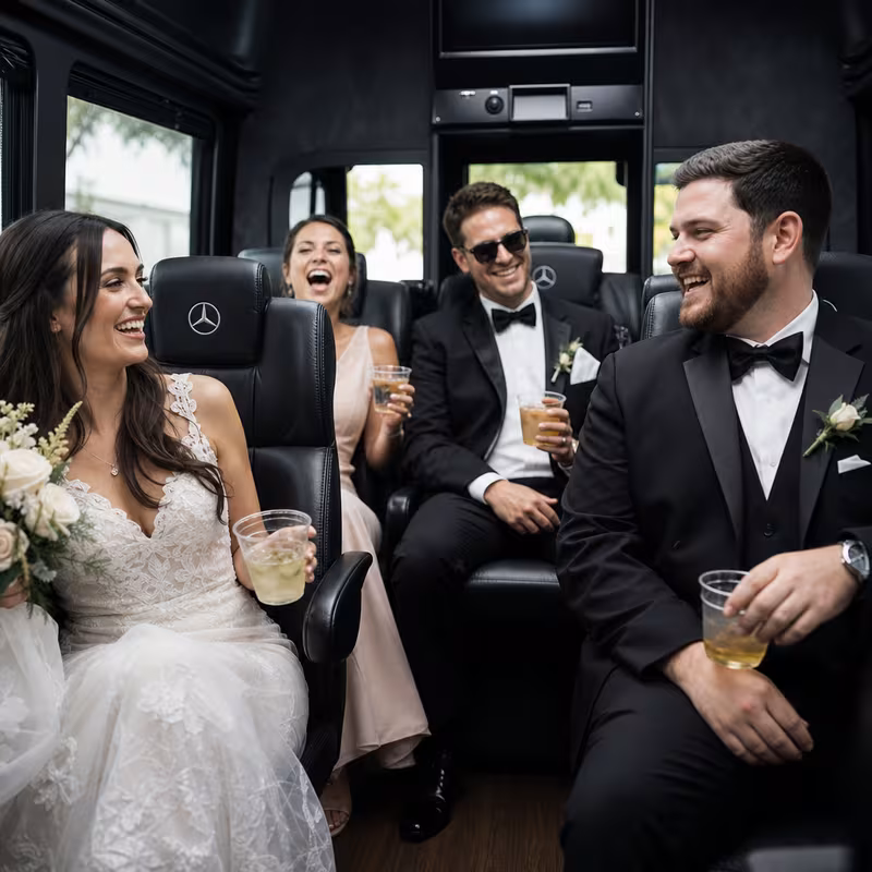 Black Mercedes Sprinter van staged for an Fresno Wedding Transportation group