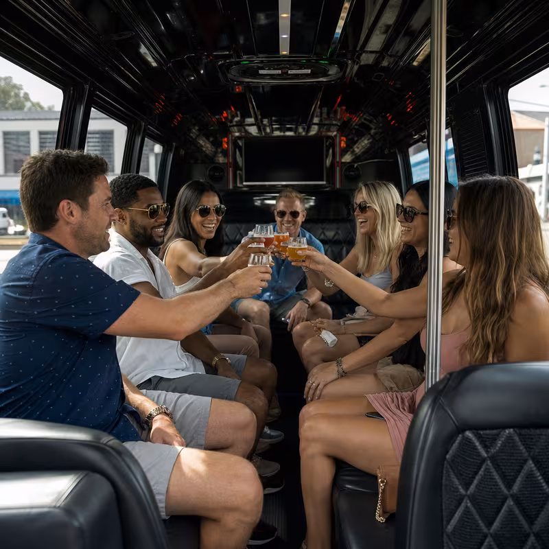 Group boarding a white charter bus for Winery & Brewery Tour Transportation transportation in Fresno